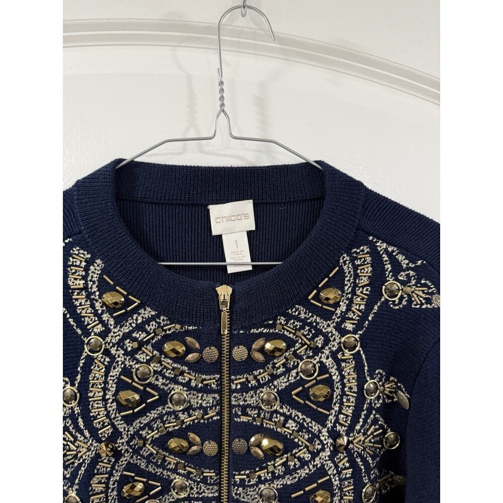Chico’s Demitria Cardigan Navy Gold Beaded Embroidered Zip Jacket Sz 1 - Picture 6 of 14